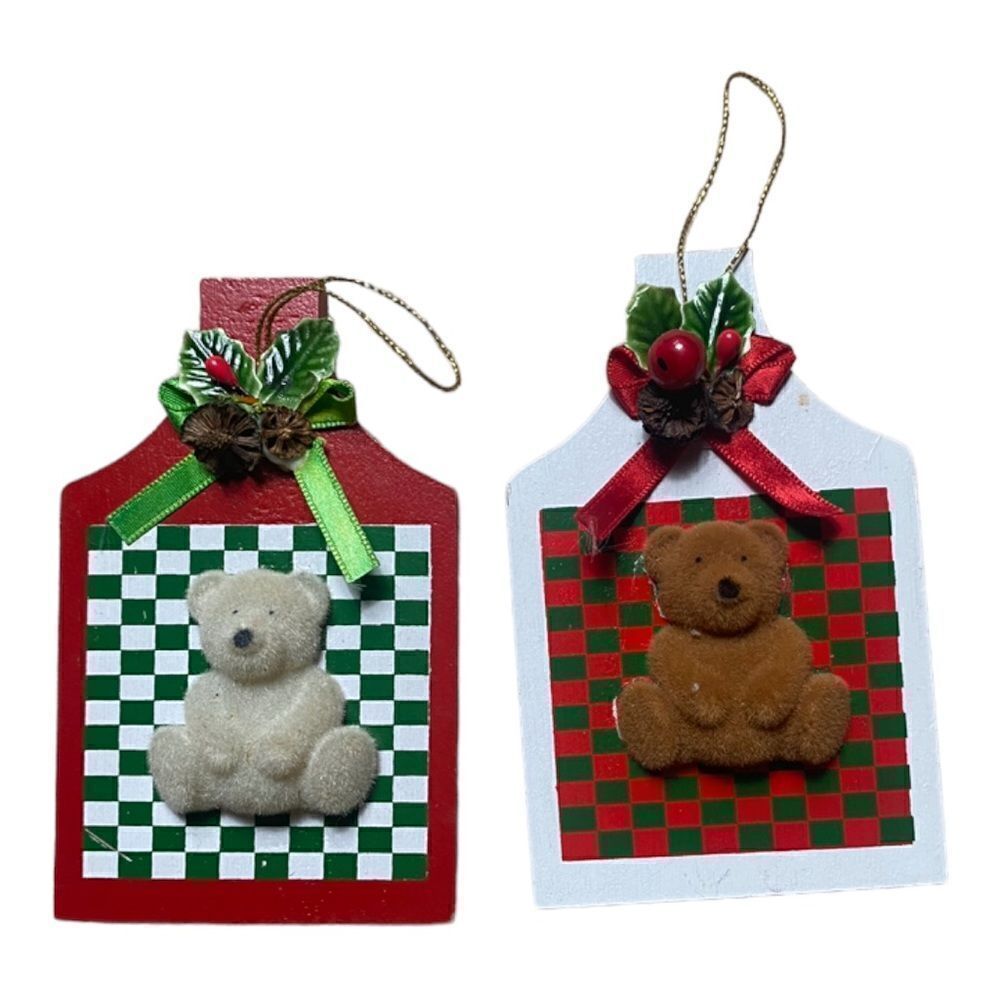 Vintage Christmas Ornaments Wood Fuzzy Felt Bears 1986 White Red Taiwan